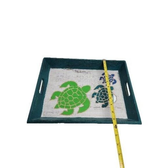 Sea Turtle Wood Tray Hand Painted Turtles Hand Carved Green Blue Serving Tray - Picture 3 of 10